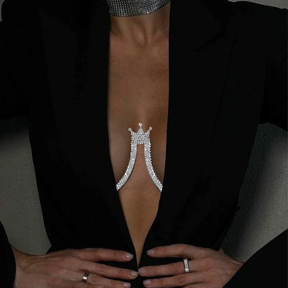 

Rave Queen Crown Crystal Chest Bracket Chain Bra Harness Bikini Sexy Rhinestone Body Chain Jewelry For Women Festival Clothing