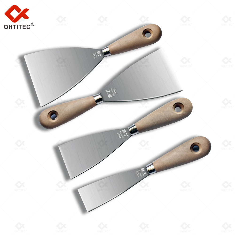 

QHTITEC 0104 Stainless Steel Putty Knife Tools 4 PCS Scraper Blade Wall Shovel Flexible Wooden Handle Construction Tultitool