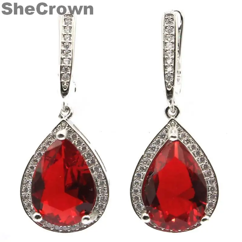 

34x14mm SheCrown Jewelry Set Drop Shape Created Red Blood Ruby White CZ Ladies Gift Silver Earrings Pendant Wholesale Drop Ship