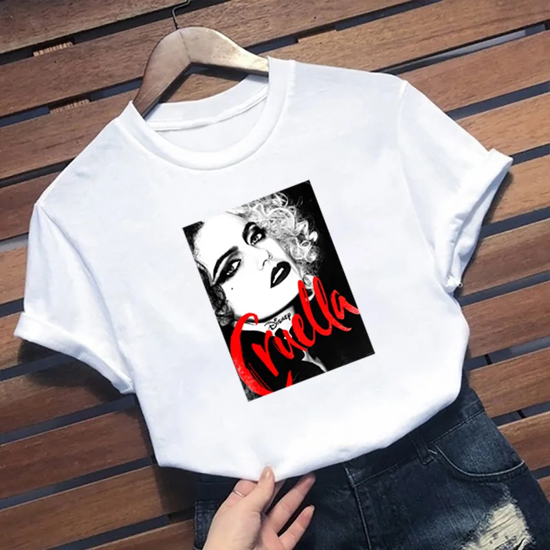 T-shirts-Camiseta de manga corta con estampado de Cruella, camisa de cuello redondo de película a la moda, 2021