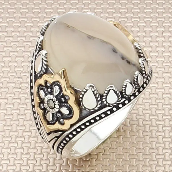 

Vintage Oval Yemen Agate Stone Men Silver Ring With Bronz Color Big Heavy Flower Motif Solid 925 Sterling Silver