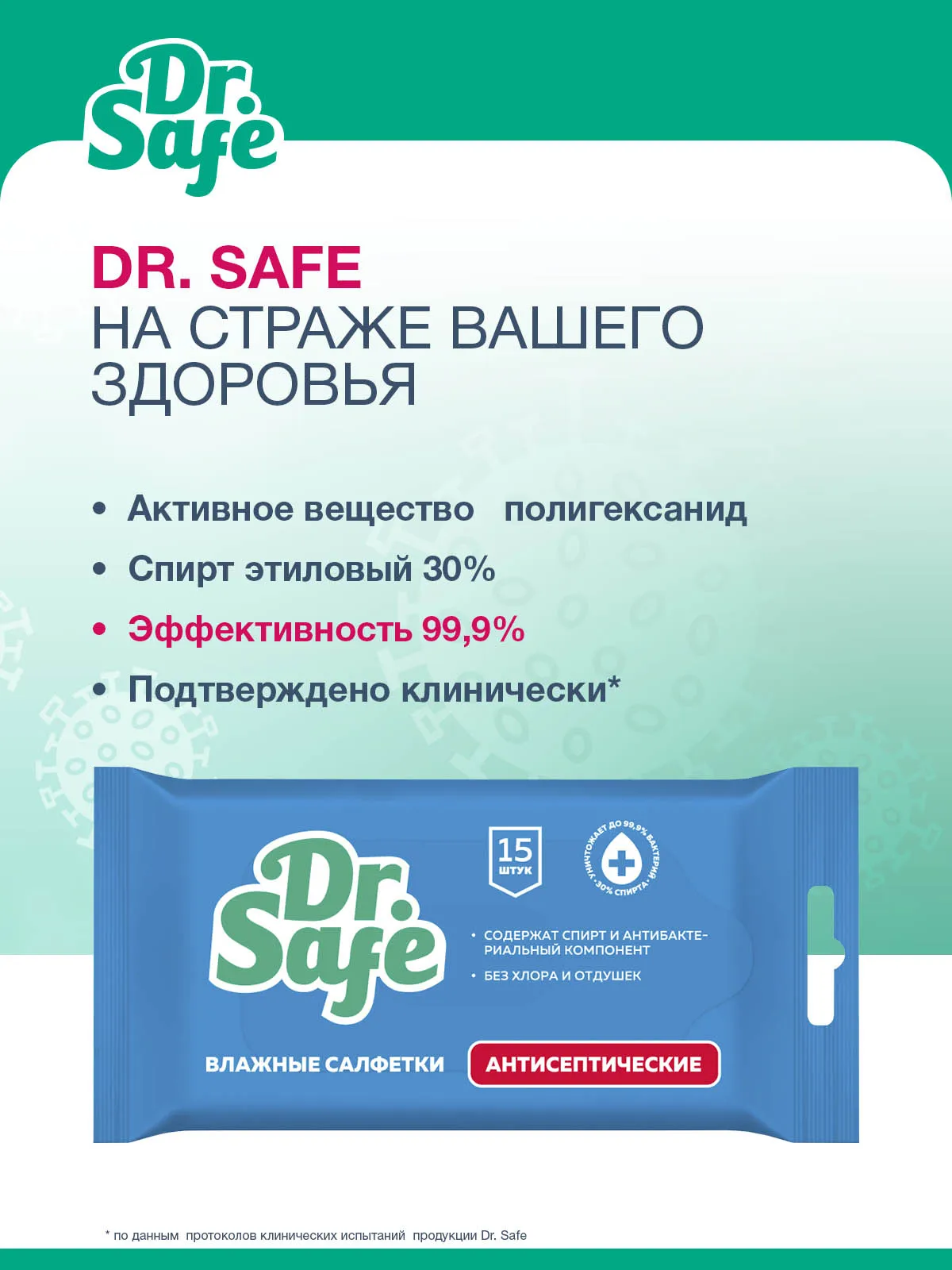Влажные антисептические салфетки для рук без запаха DR.SAFE ежедневного