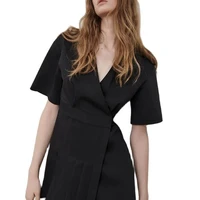 womens 2022 summer dress poplin mini dress black short sleeve high waist casual pleated solid color ladies robe v neck skirt