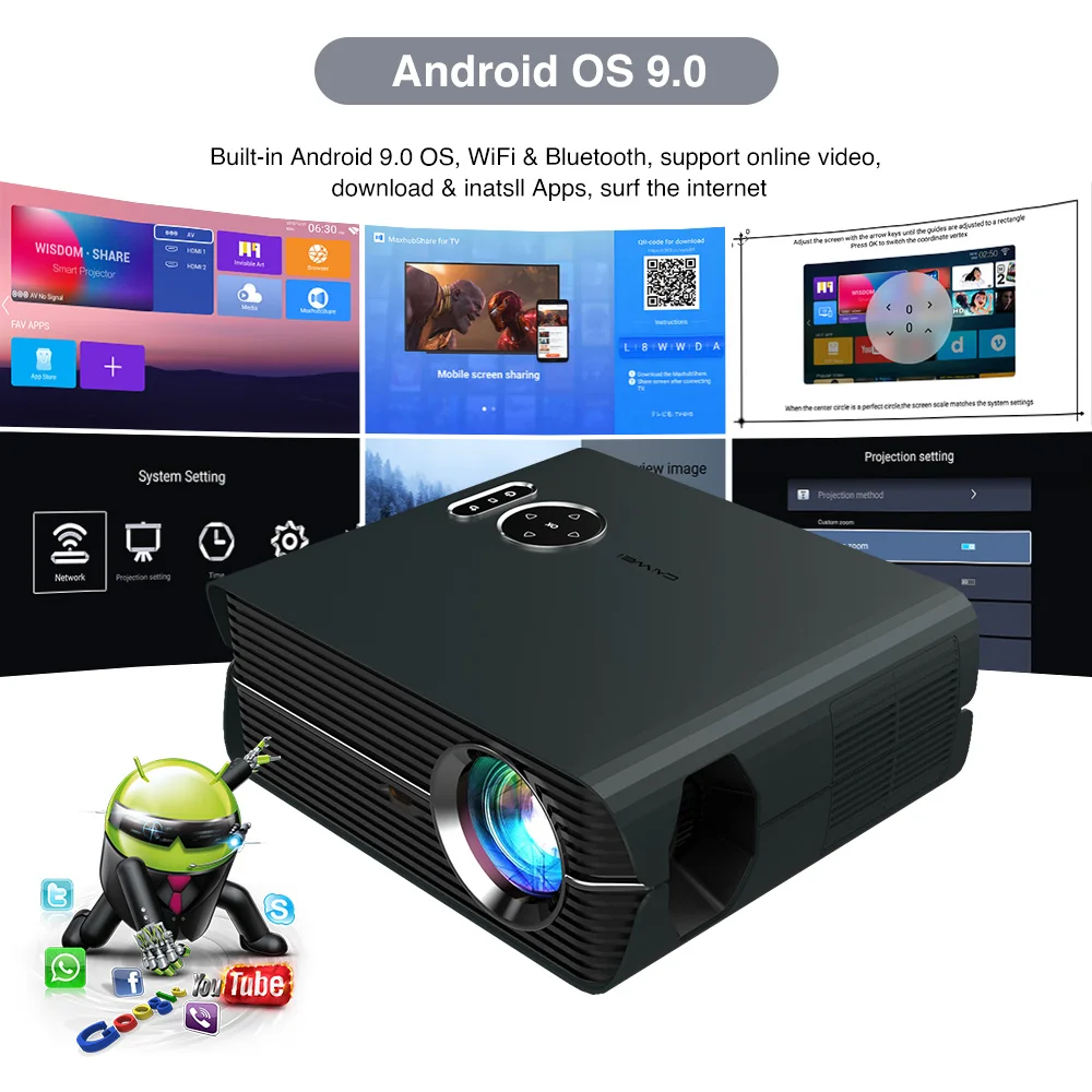 Видео проектор 4K Система домашнего кинотеатра Wifi Usb Android 9 0 Bluetooth Full HD 6500 люмен 1080P