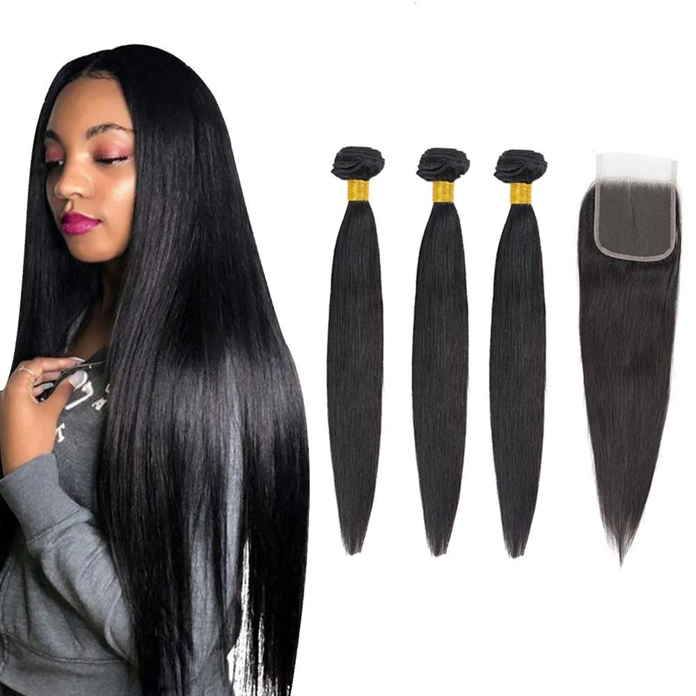 

Missanna 36 38 40Inch Straight Bundles With 4x4 Closure Brazilian 100% Human Hair Weaves 3+1 Thick Natural Black Color Remy Hair