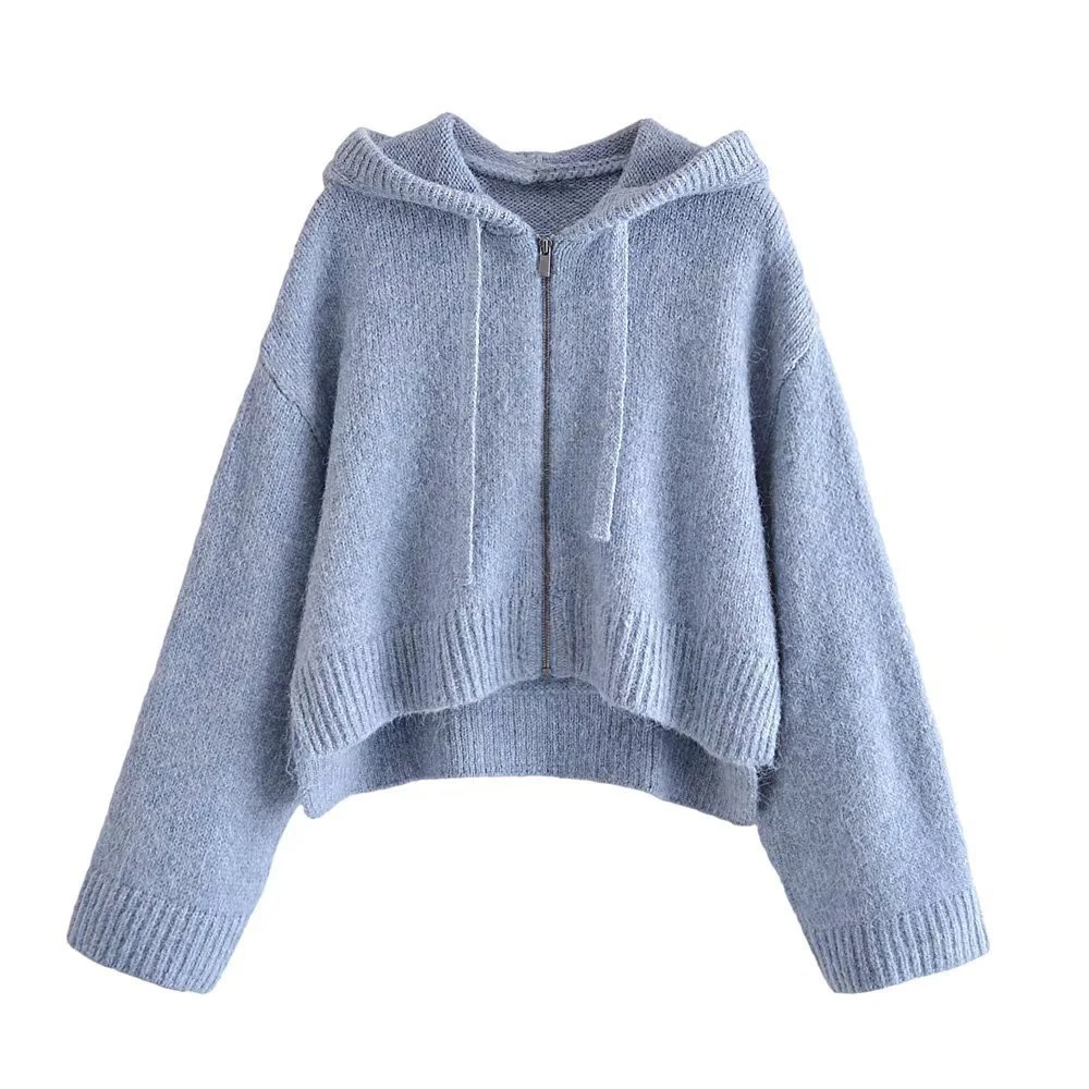 

Women's Sweater Fashion With Adjustable Loose Zip-up Knitted Sweater Vintage Hooded Long Sleeve Female Outerwear Chic Tops TR