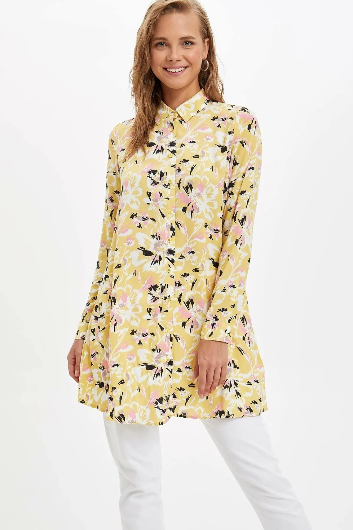 Дефакто дамская модная рубашка с воротником отворотом и цветочным принтом