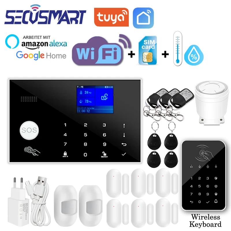 

Tuya WiFi Home Burglar Security Alarm System SIM Card 433MHz Wireless Touch Keyboard RFID Card Door Sensor Motion Detector Alexa