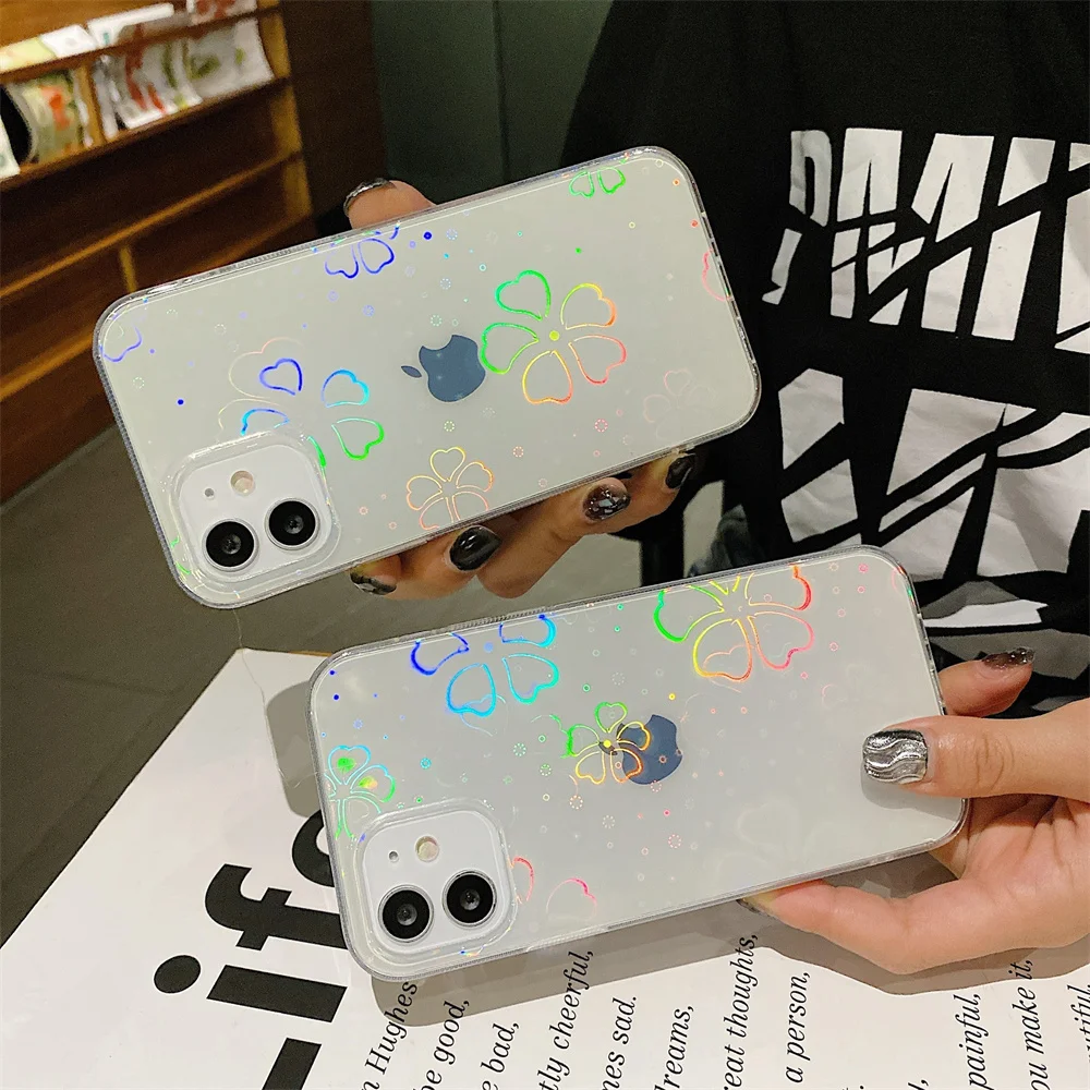 

Holographic Flower Transparent Case With Hearts For iPhone 11 12 Pro Max 13 Mini XR 7 8 Plus XS X SE 2 Soft Colorful Laser Cover