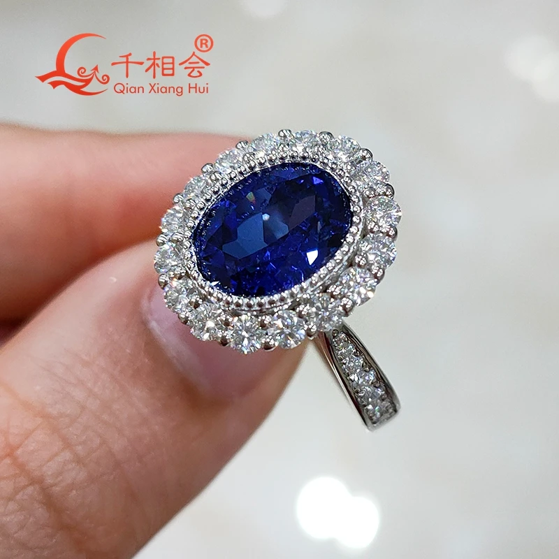 8x10 мм Овальный сапфировый камень с маленьким белым моиссанитовым кольцом