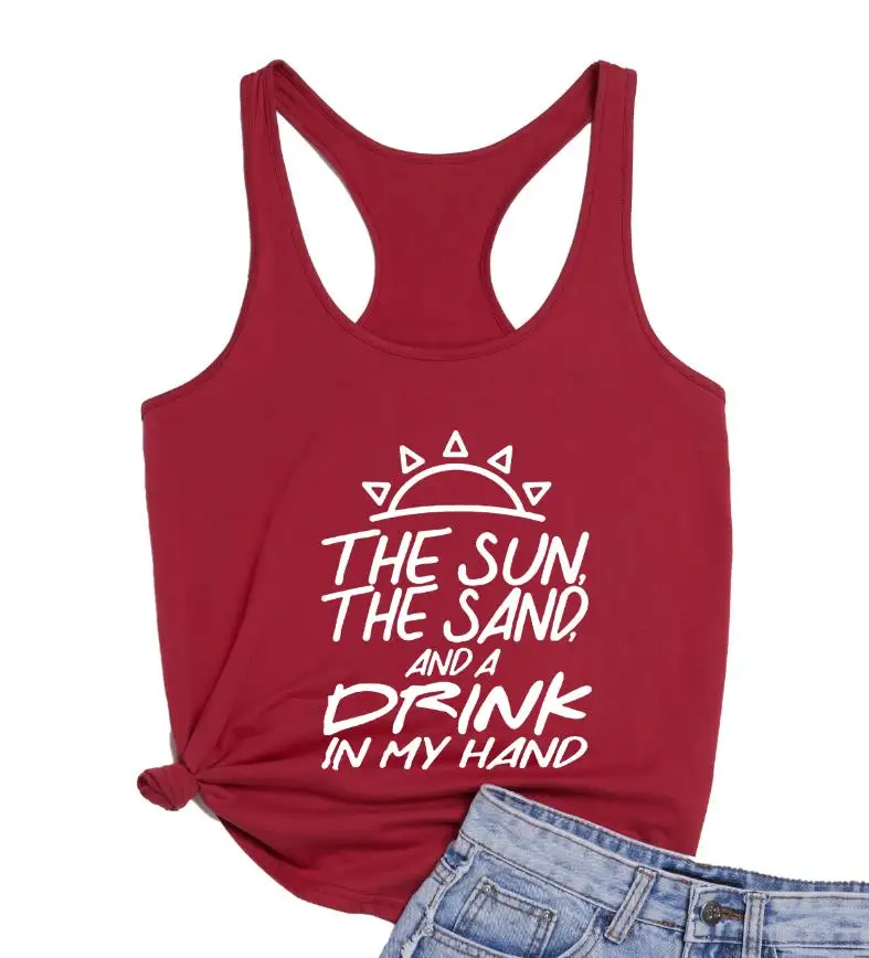 Женская майка с надписью the sun sand and a drink in my hand модная и сексуальная в пляжном стиле
