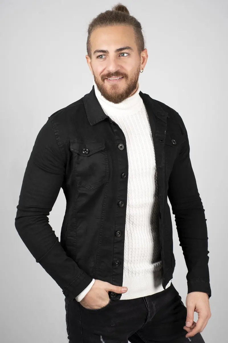 

DeepSEA Male Black Jeans Sports Coats Coat Slim Fit Denim Jacket Back Font Printed Button Autumn Winter Spring Casual 2005036