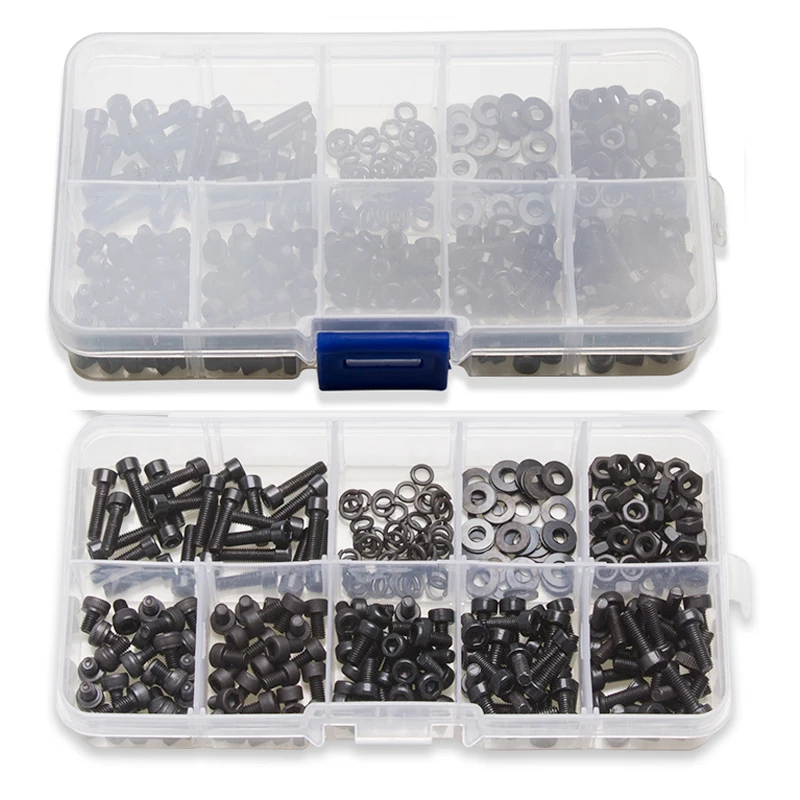 

300Pcs Black Carbon Steel Column Hexagon Screw Bolt 6 Sizes Nut Flat Pad Washers Spring Box Kit With Plastic Case