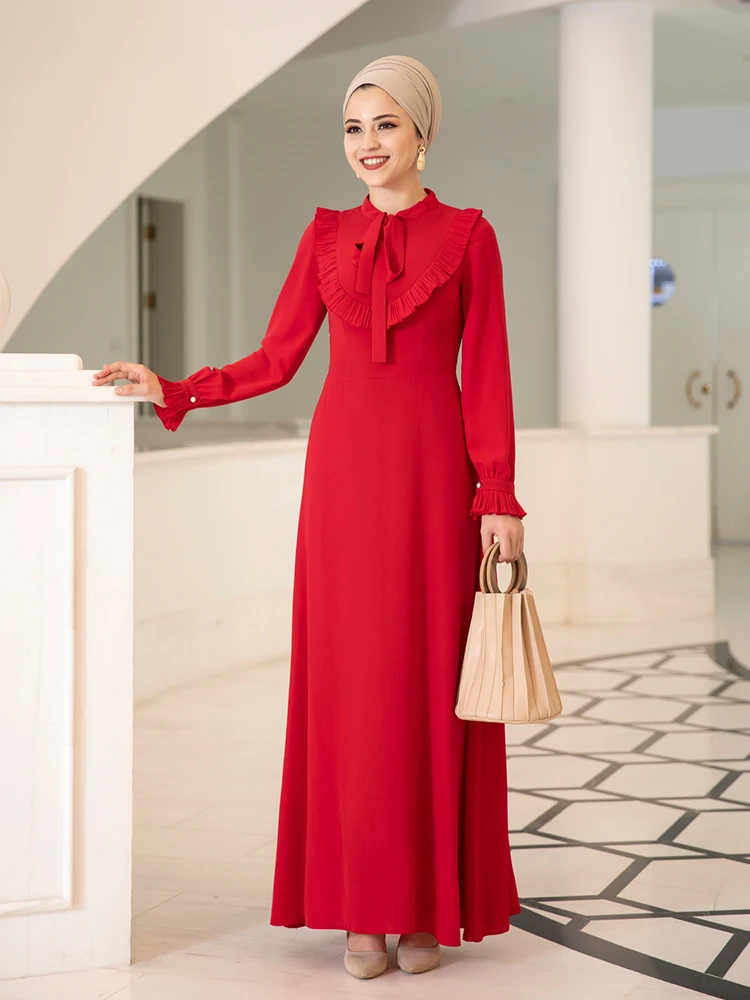 Длинное женское платье-хиджаб с воротником-бантом мусульманская одежда