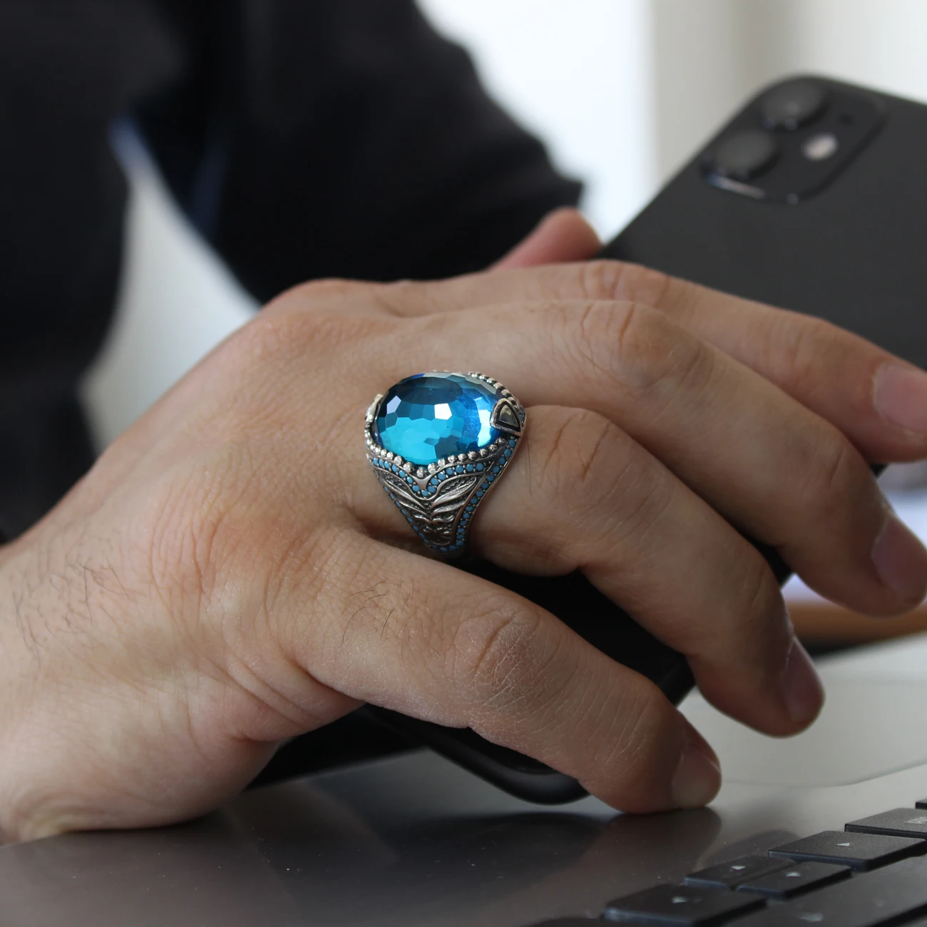 Style turc pur véritable argent Sterling 925 bague en pierre aigue-marine naturelle pour hommes femmes bijoux de haute qualité Punk rétro mode Vintage fait à la main cadeau Zircon Onyx Agate accessoire