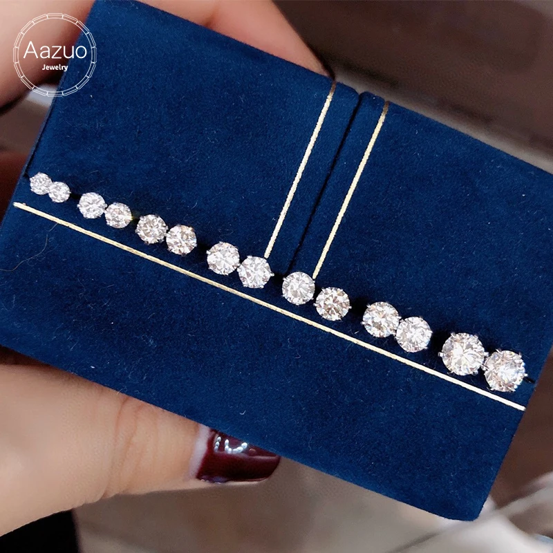 Aazuo-pendientes de oro blanco de 18K con diamantes reales para mujer, arete clásico con forma redonda de 6 garras, para boda, fiesta de compromiso