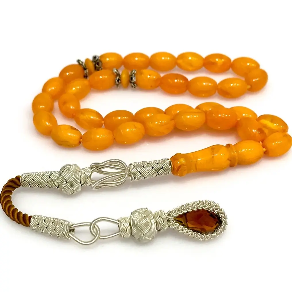 

Squeezing Yemen Amber Kazaz Tassel Silver Prayer Beads