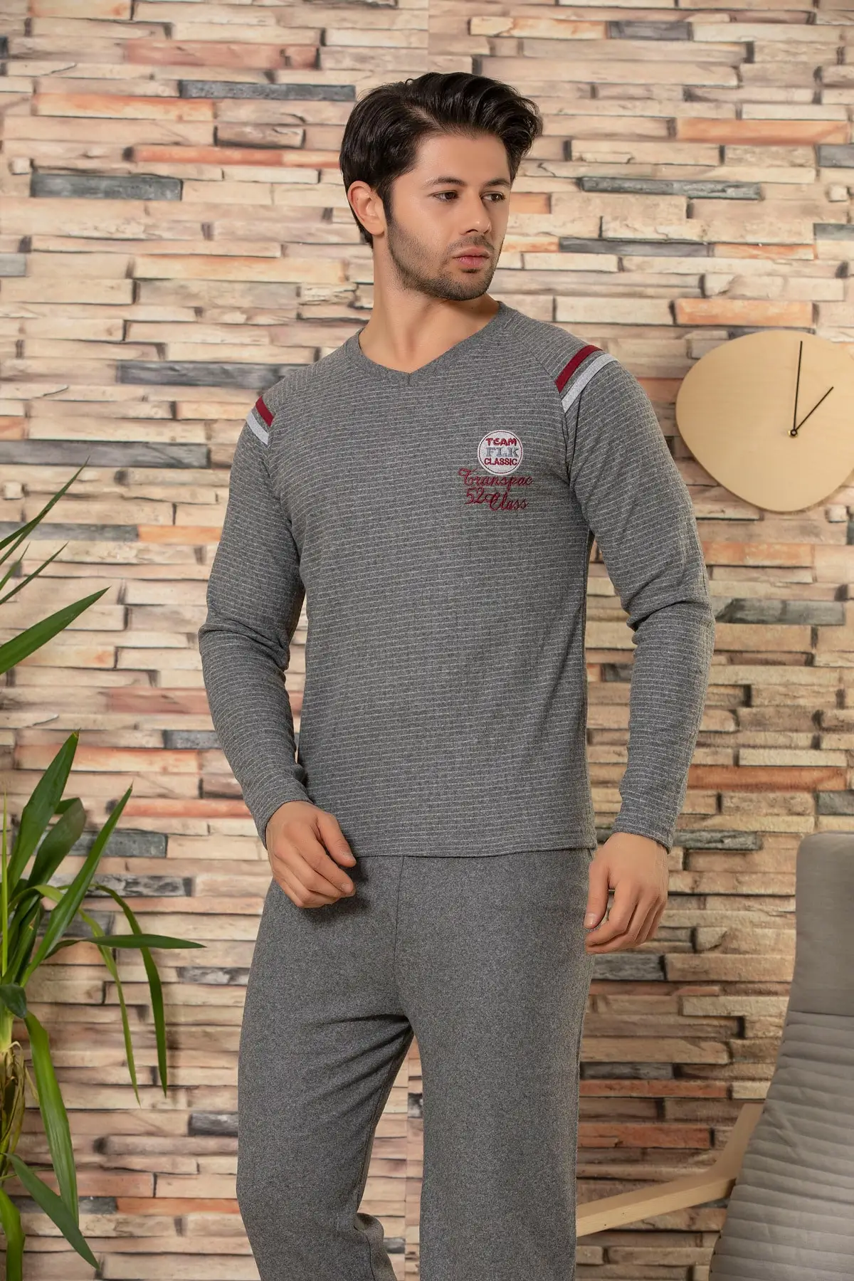 Мужской Хлопковый Пижамный костюм с длинными рукавами и рисунком клубники |