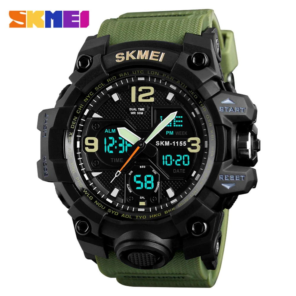 Army Green SKMEI 1155B кварцевые мужские часы цифровые электронные мужские часы модные повседневные спортивные мужские наручные часы водонепроницаемые - Цвет: Army Green