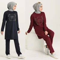 stone printed tracksuit set printed unlined long sleeve zero collar four seasons sports stylish women muslim fashion hijab wear