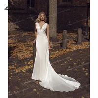 charming soft satin sheath wedding dresses sexy deep v neck lace on both sides of waist sleeveless court train bride gowns 2021