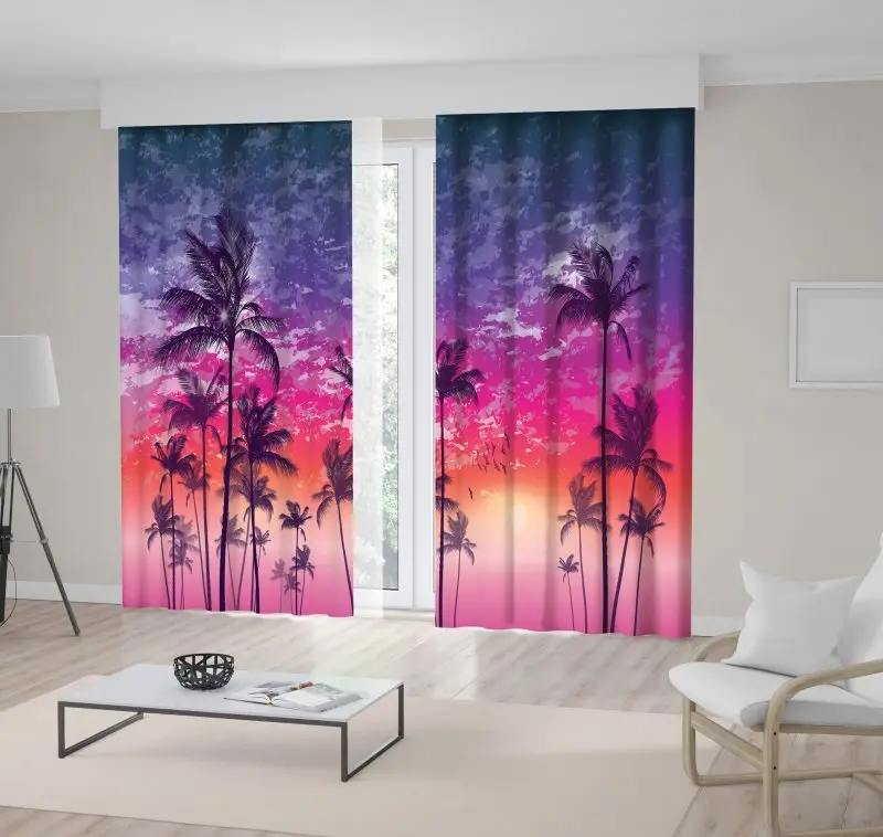 Занавеска экзотические тропические пальмы летающие чайки лошадь закат облачно с