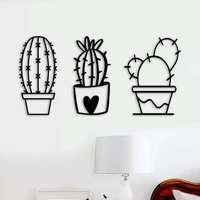 wood wall art and decoration 3 pcs cactus flower vase black color modern nature desert home office new 3d creative stylish living room kitchen decorative 2021 modern quality gift ideas ornament beautiful cute classic