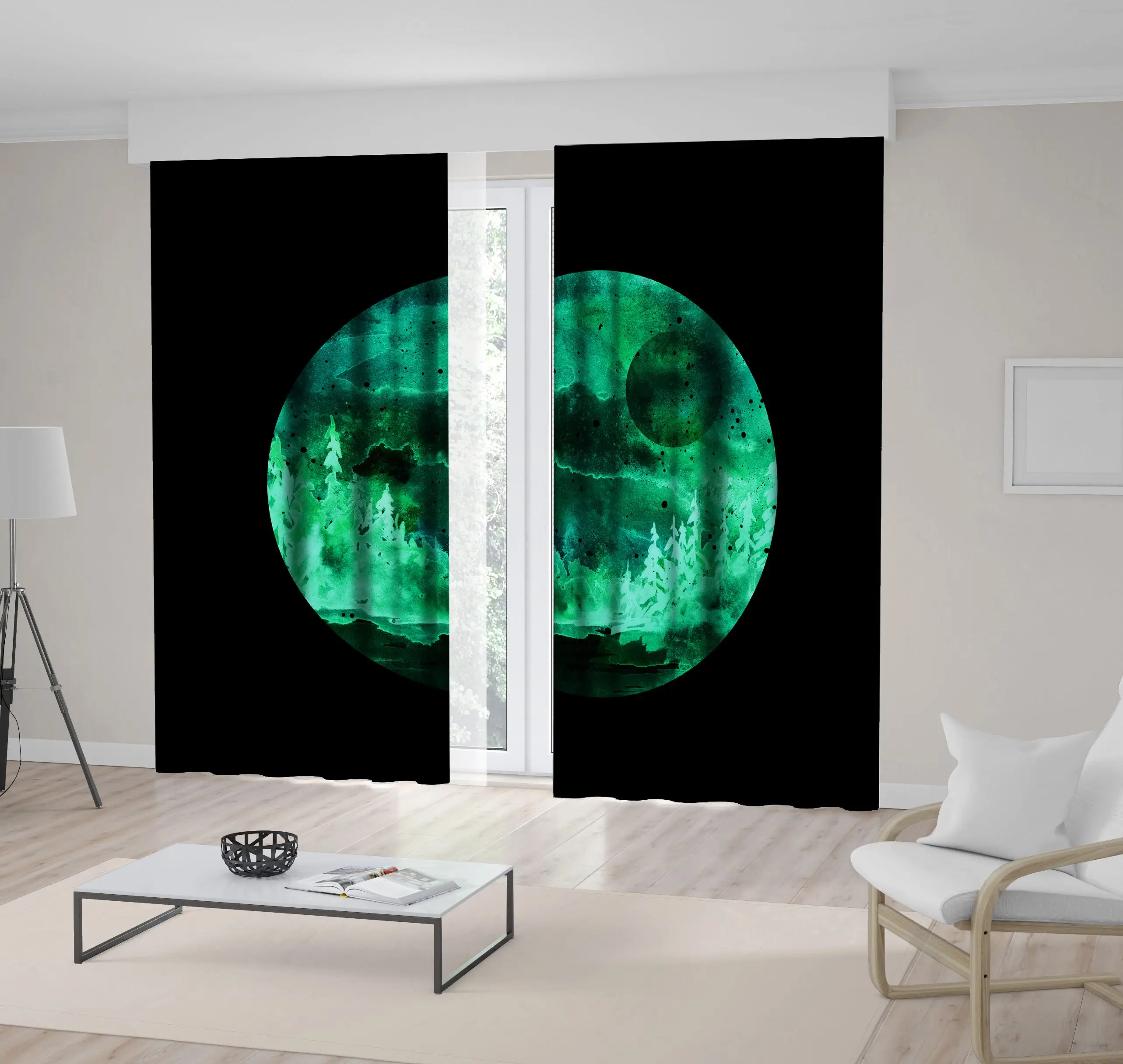 

Curtain Fir Pine Trees and Bushes Night Sky with Stars Full Moon Watercolor Painting in Circle Shape Art Green Black
