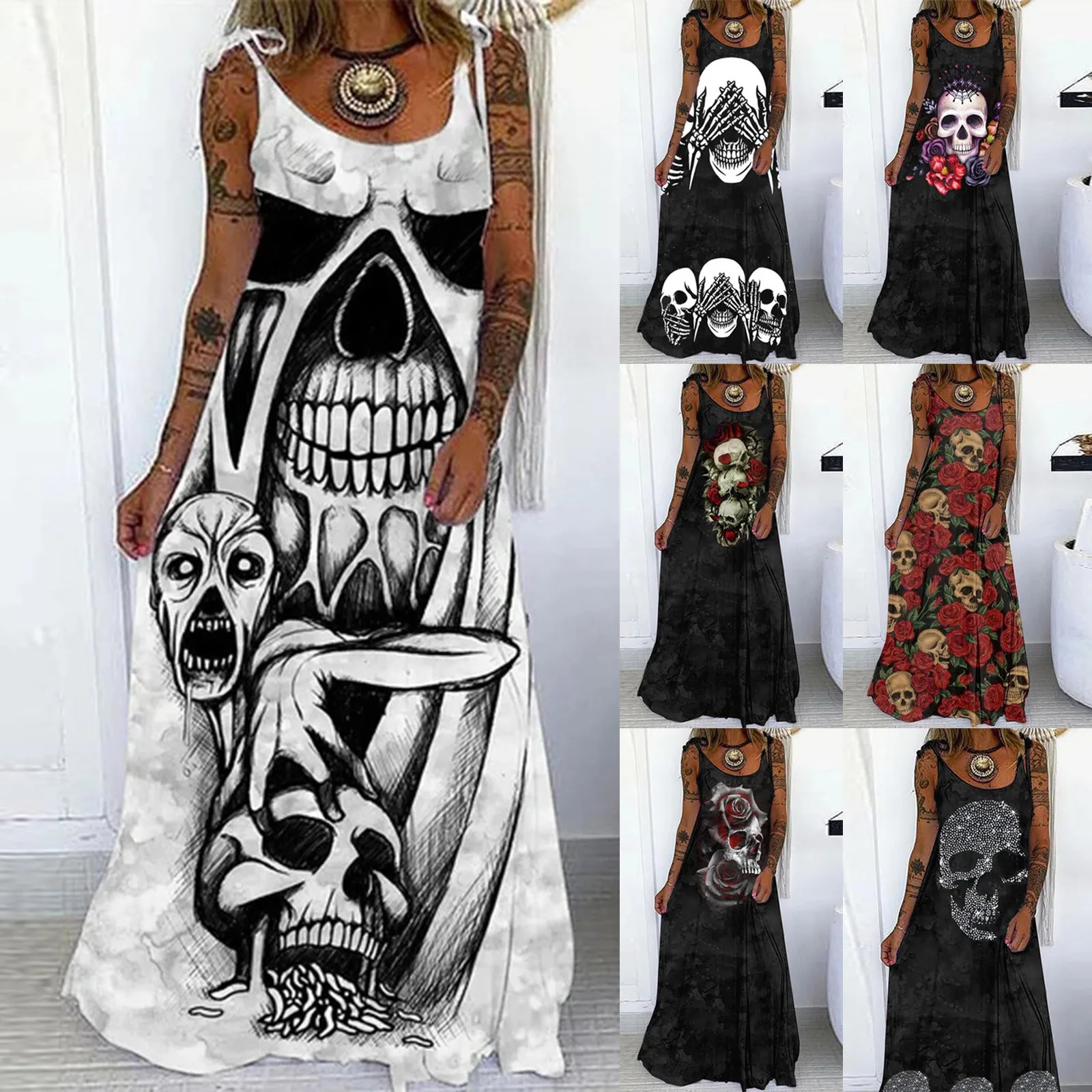

Женское платье в пол с принтом черепа, повседневное Бандажное платье без рукавов с U-образным вырезом, готические платья, 2021