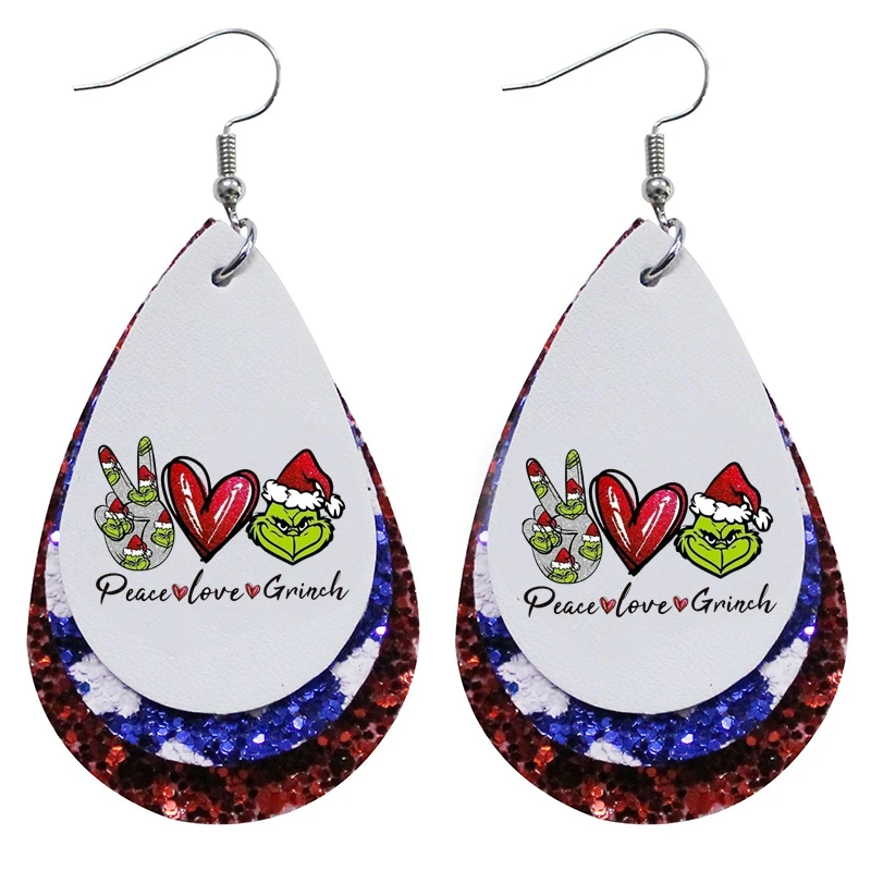 

Leather Glitter Nickel Freechoice of Peace Love Grinch Earrings