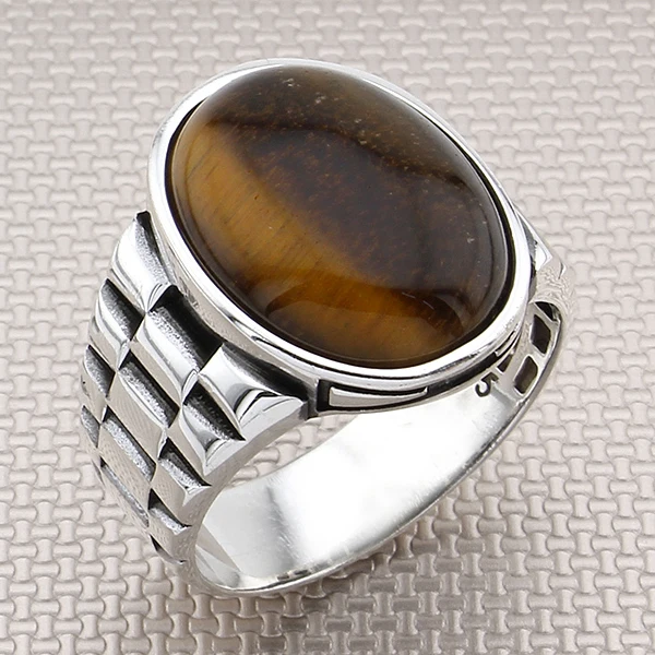 

Ремешок для часов, дизайнерское серебряное кольцо с тигровым глазом, мужское кольцо, ювелирные изделия, серебряное кольцо с натуральным кам...