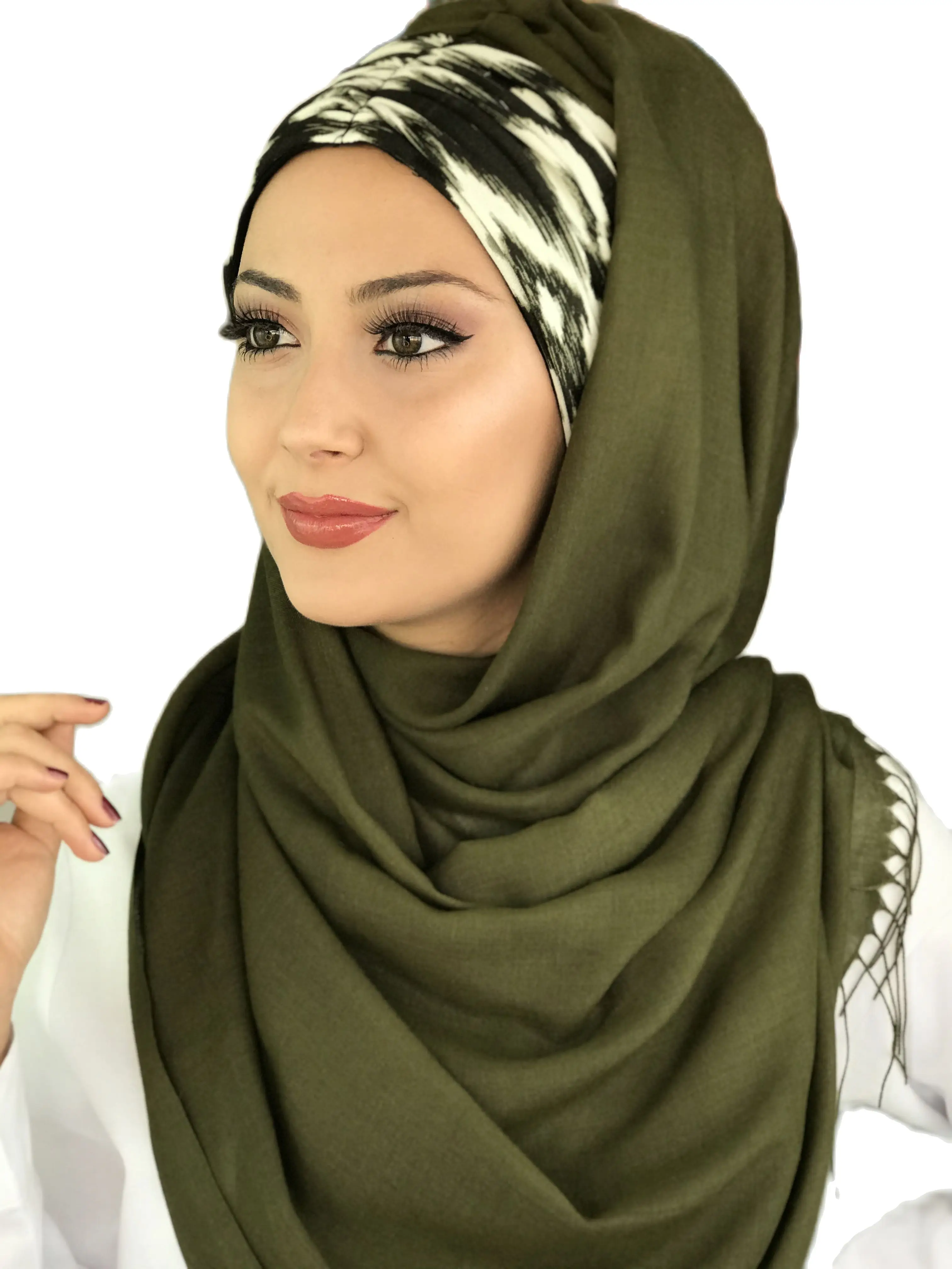 New Fashion Hijab 2021 Women Muslim Chiffon  Islamic Women's Hat Dark Khaki Color Cream Detailed Pleated Ready-made Shawl