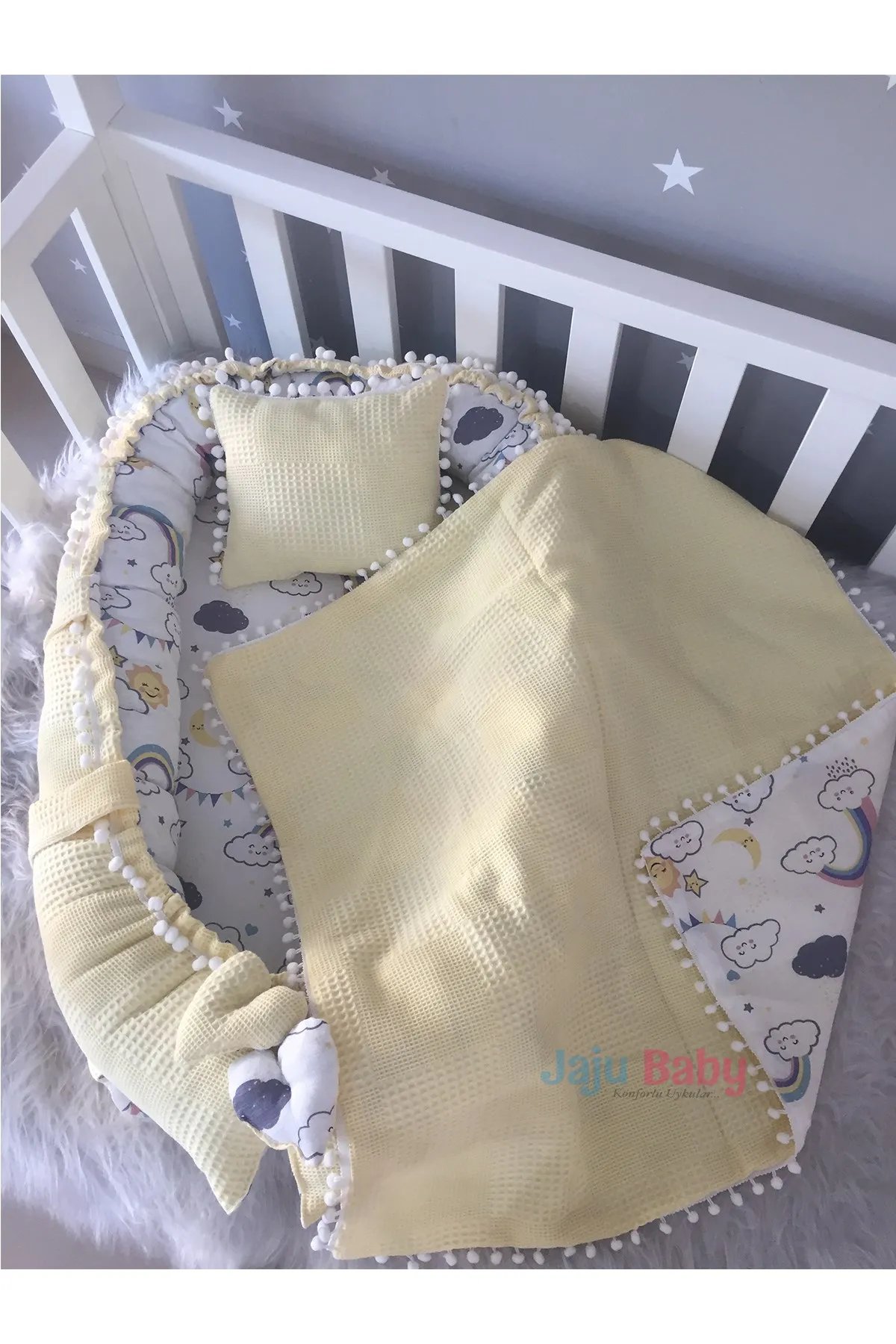 Jaju Baby Handmade Yellow Waffle Pique Fabric and Muslin Rainbow Design Pompom Set of 3 Babynest Mother Side Portable Baby Bed