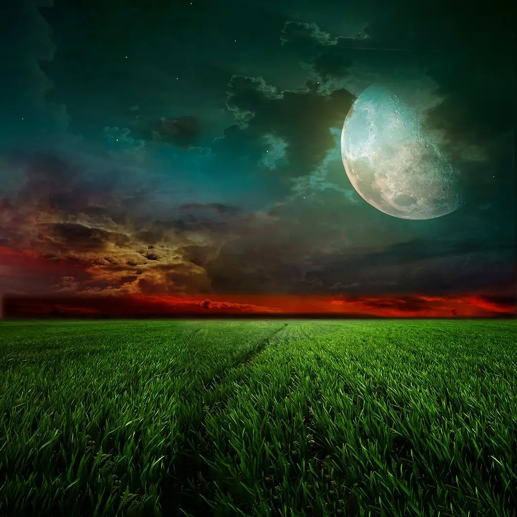 

Curtain Colorful Landscape with Summer Wheat Field Cloudy Sky and Super Moon Night Nature Scenery Green Red Blue