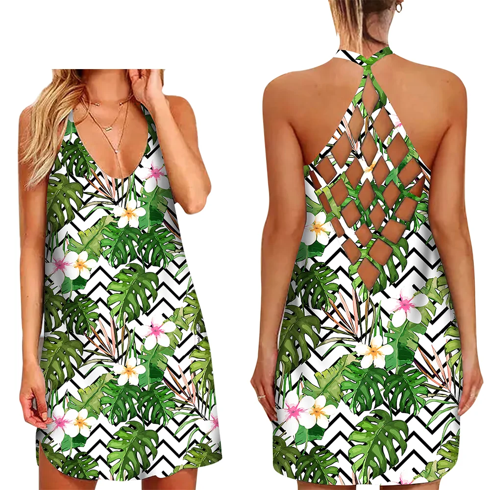 

Women Fashion Hawaii Style Hollowed Out Spaghetti Strap Dress Gilrs Sleeveless 3D Print Sexy Beach Party Dress