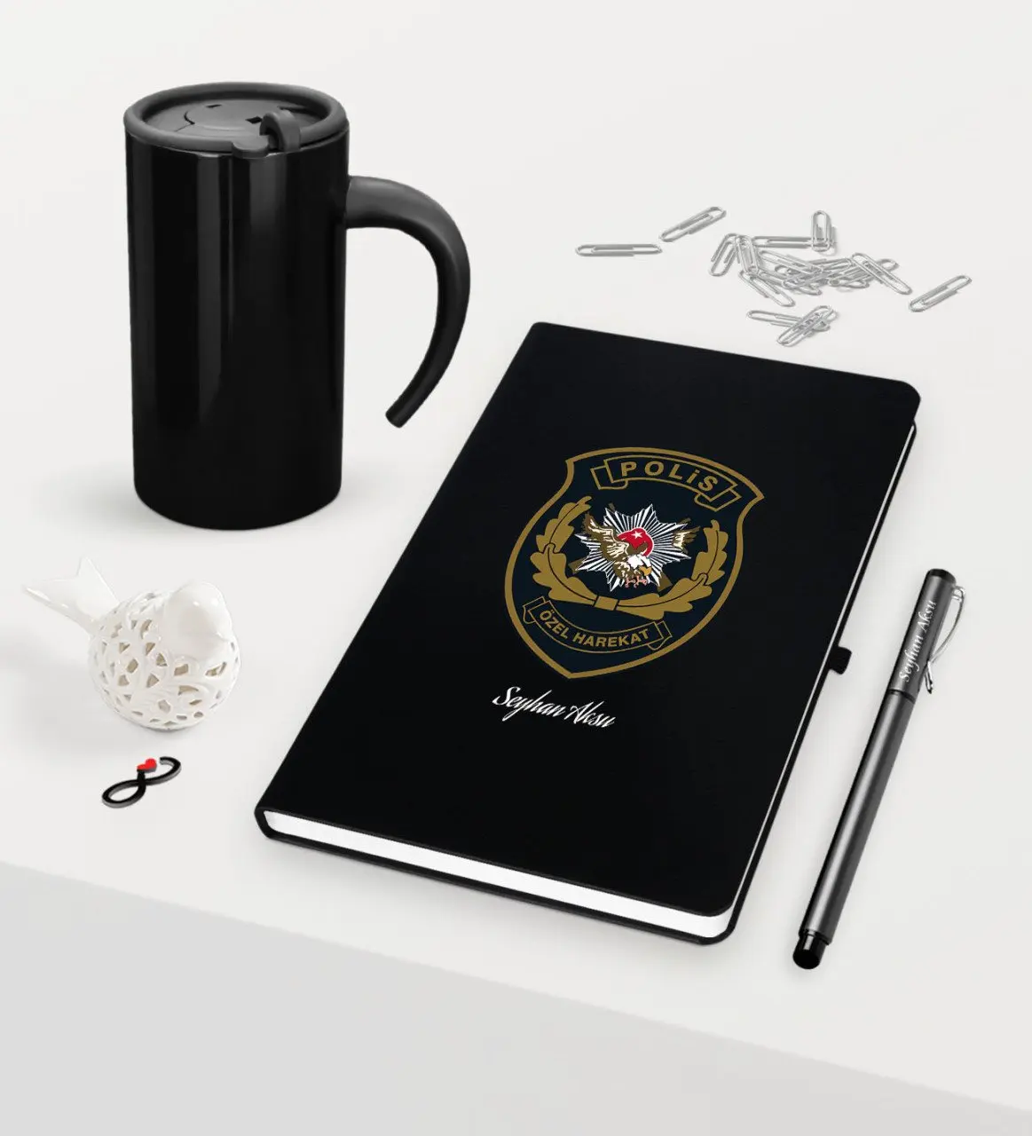 

Personalized Police Special Harekat Themed Black Notebook Pen Thermos Mug Set Memories Name Lettering Souvenir Gift Soldier Police