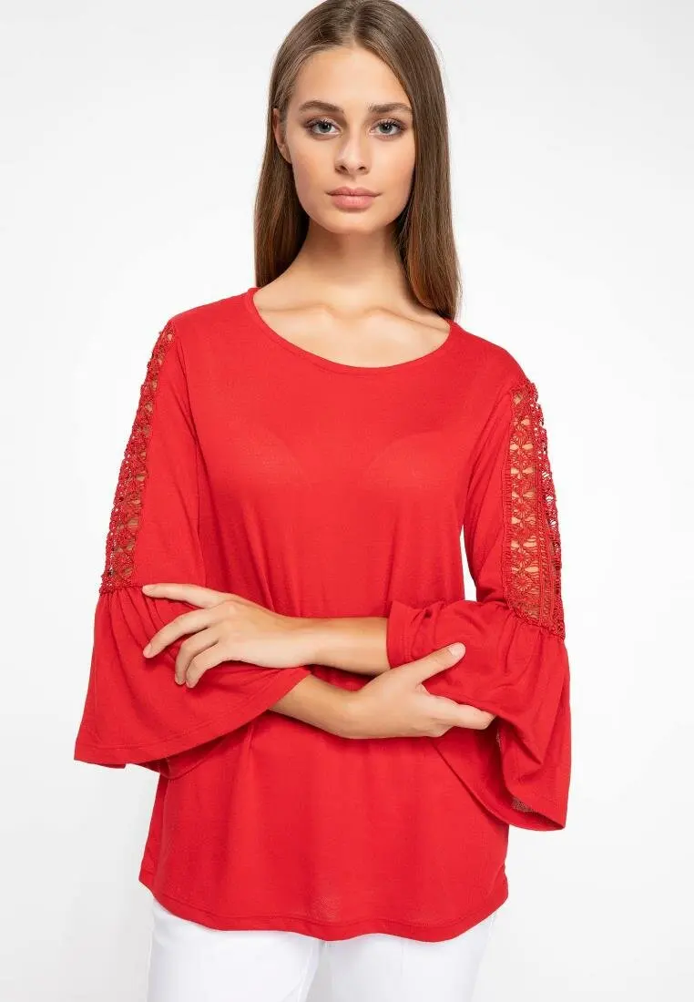 DeFacto модная женская однотонная расклешенная рубашка с круглым вырезом и рукавами