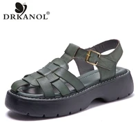 drkanol 2021 handmade weave genuine leather platform sandals women summer flat gladiator sandals comfort thick bottom shoes