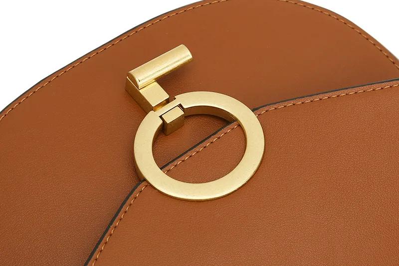 

2021 New Cowhide Leather Women's Bag Retro Round Buckle Semi-circle Latch Lock Saddle Shoulder Diagonal Half-moon Luxury Design