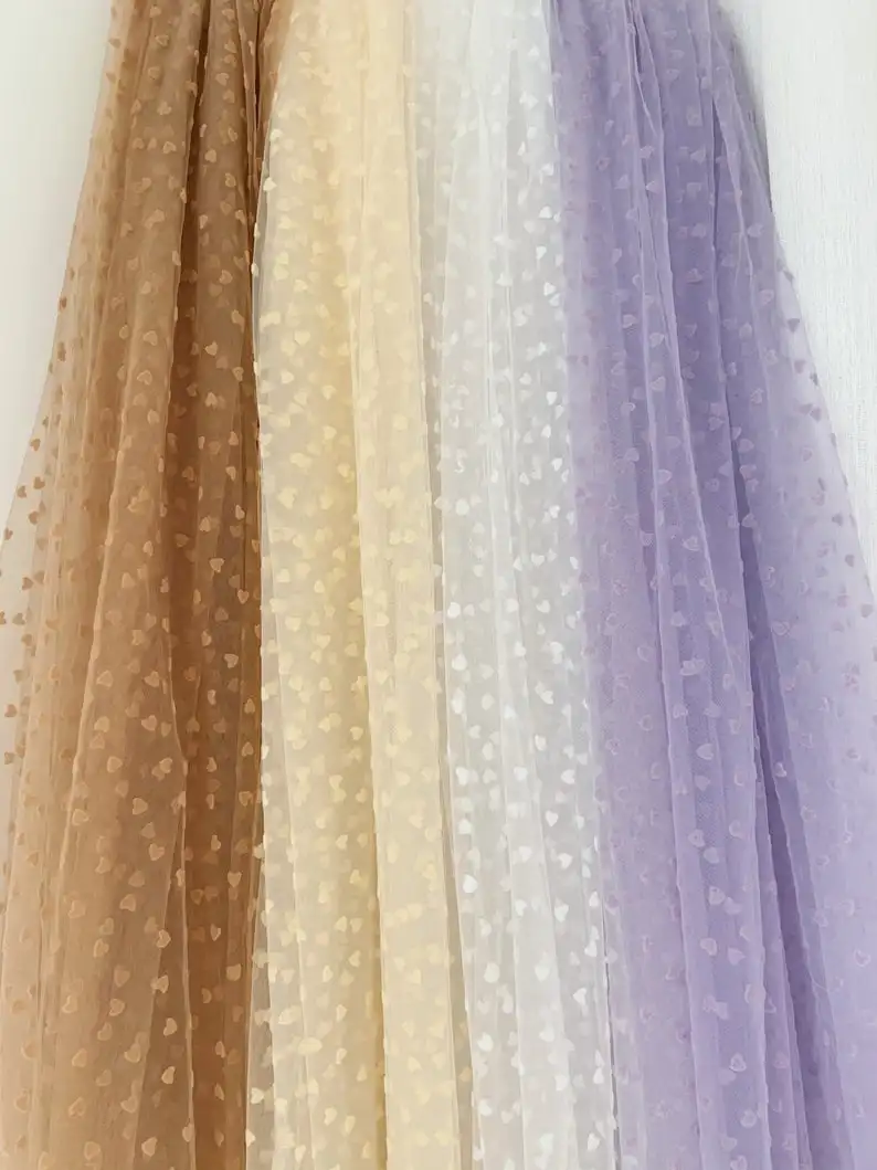 

Beige Tulle Lace Fabric With Velvet Heart