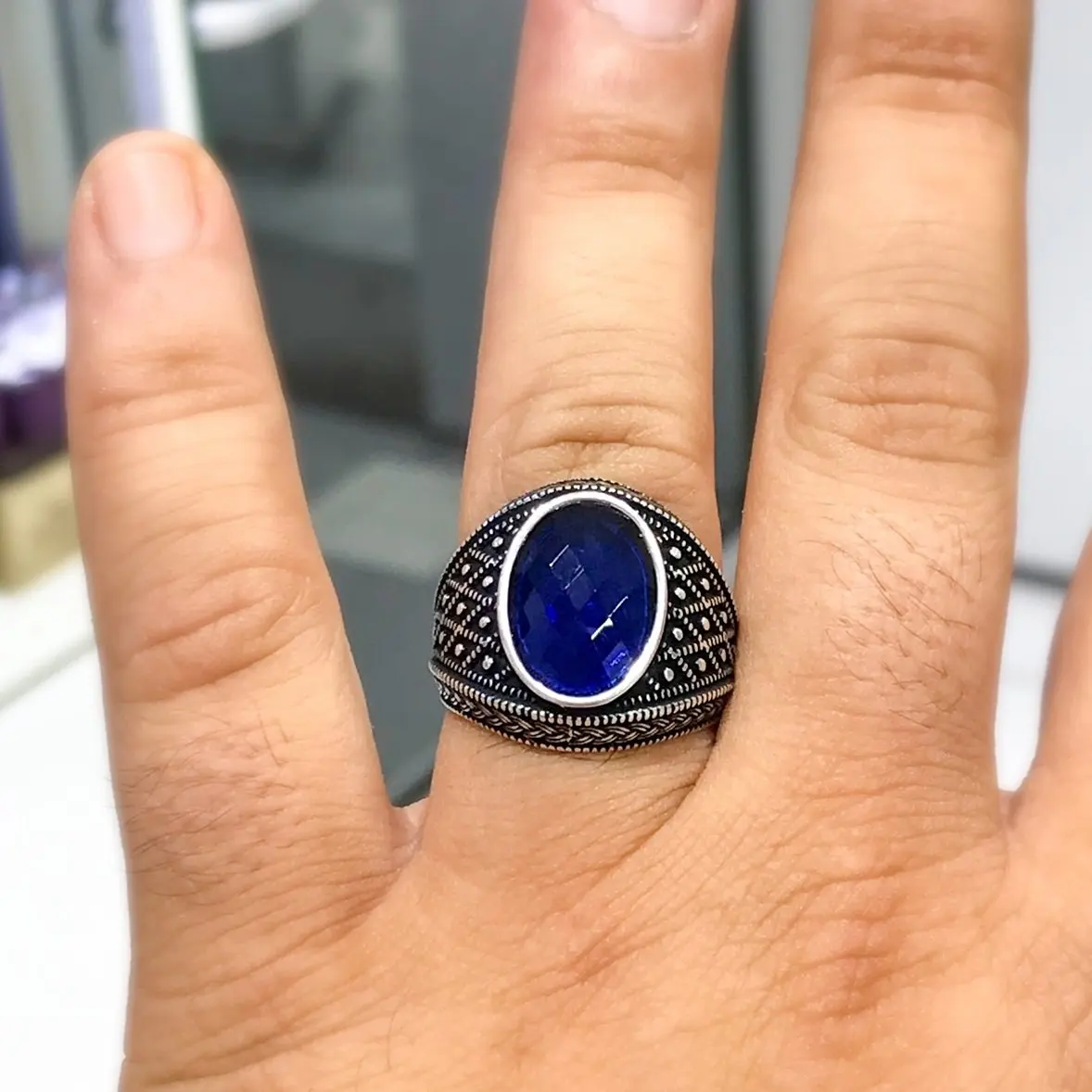 Мужское серебряное кольцо с сапфировым камнем высшего качества|Кольца| |