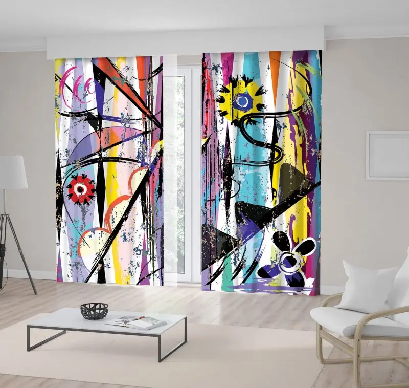 

Curtain Abstract Art Paint Strokes Splashes Geometric Lines Contemporary Painting Yellow Purple Black Print