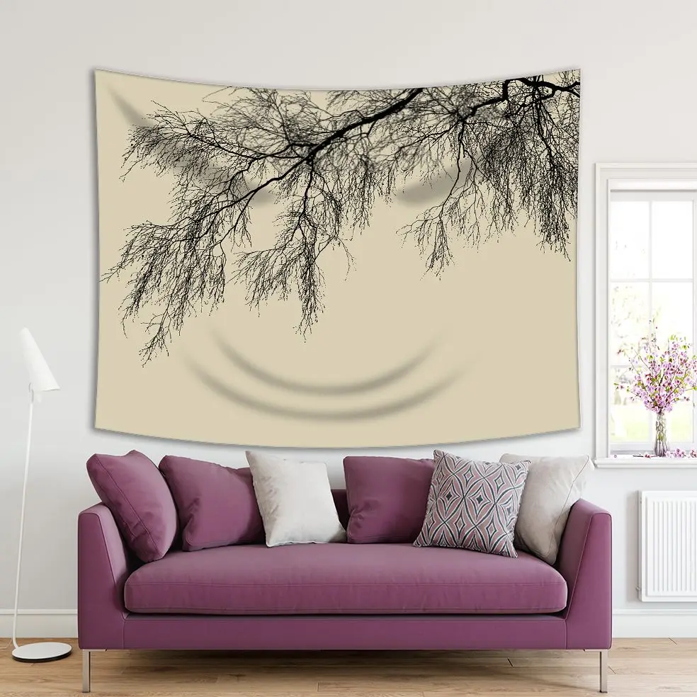 

Tapestry Tall Birch Tree Old Branches Silhouette Forest Nature Beige and Black Realistic Illustration