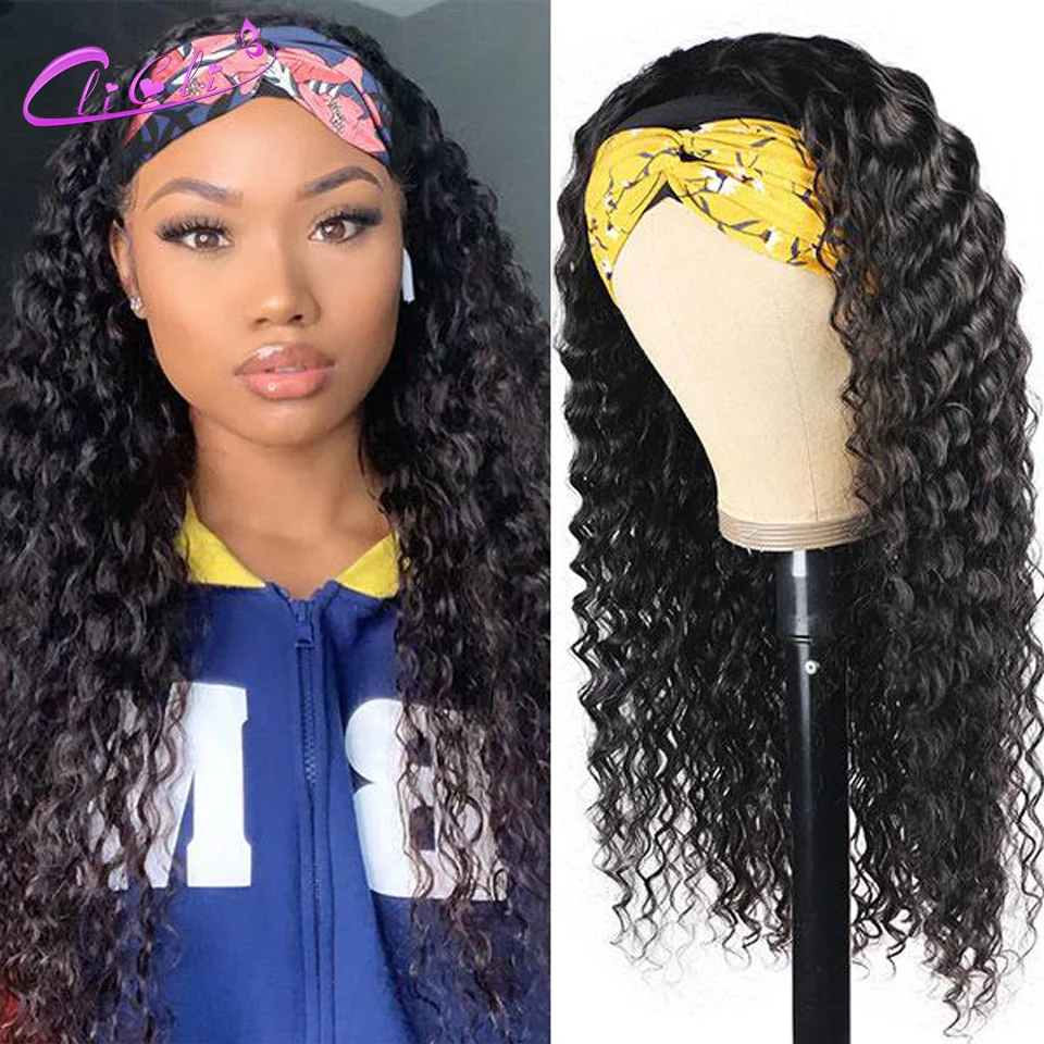 Deep Wave Headband Wig Human Hair Loose Deep Wave Wigs With Headbands Brazilian Full Machine Made Headband Scarf Wigs For Women