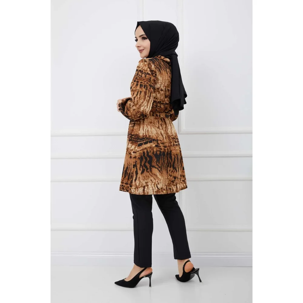 Sash Detailed Leopard Patterned Suit It is a new season product. The team is the product. muslim dress women abaya kaftan modest