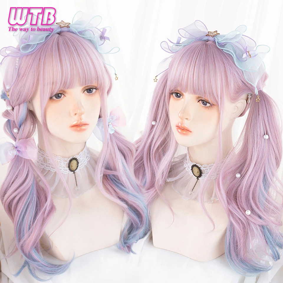 

WTB Synthetic Cosplay Wig with Bangs Long Wavy Hair 22Inch Heat Resistant Fiber Pink Purple Mixed Lolita Wig For Women