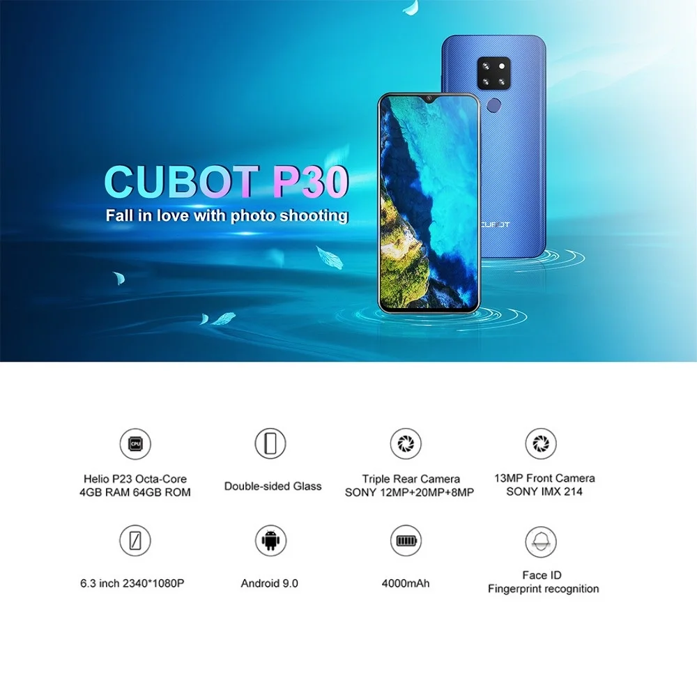 Смартфон Cubot P30 6 3 &quot2340x1080 p 4 Гб + 64 ГБ Android 9 0 Pie Helio P23 AI Cameras Face ID 4000 мАч сотовый