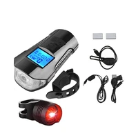 multi purpose bike computer bicycle headlight usb flashlight 120db horn lcd display speedometer rechargeable front light