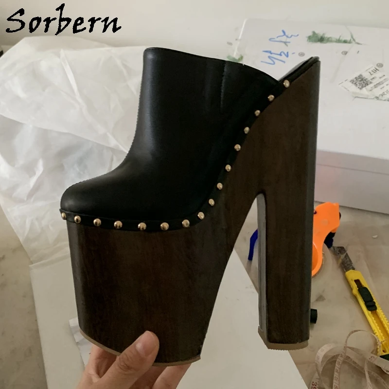 

Sorbern Punk Brown Women Slippers Mules High Heels Gold Rivets Closed Toe Shoe Chunky Heeled Female Slides Custom Colors