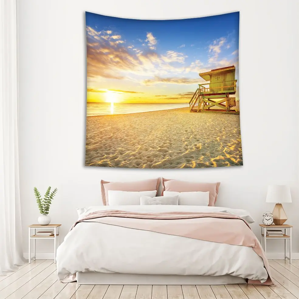 Tapestry Miami South Beach Sunrise Lifeguard with Tower Coastline Colorful Cloud Scenery Blue Yellow Beige | Дом и сад